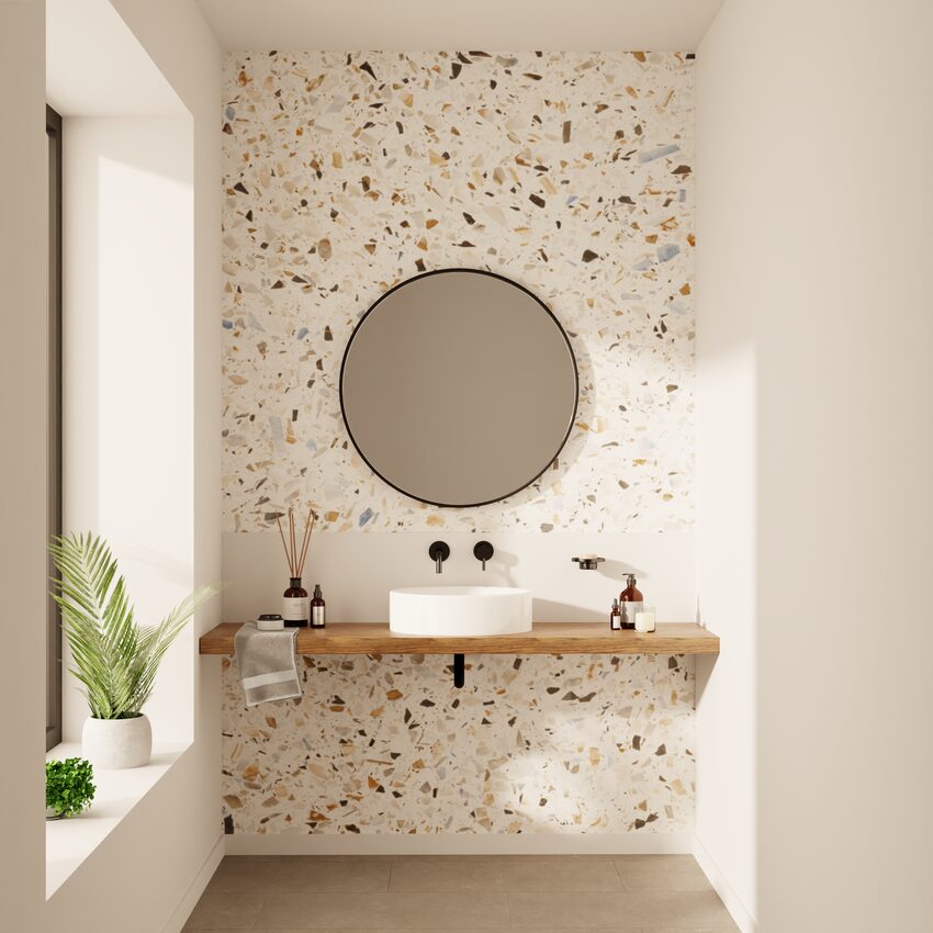 De la peinture beige mat dans la salle de bains zen