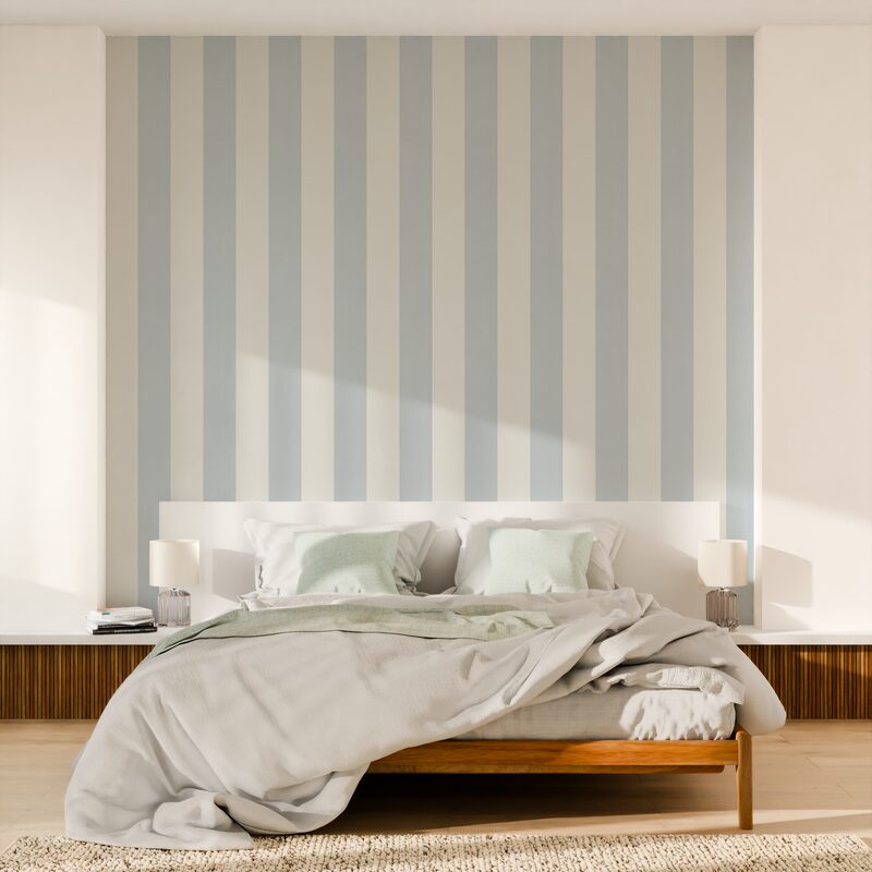 Papier peint vinyle PODIUM STRIPE coloris bleu grisé et blanc