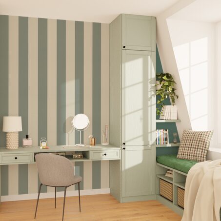 Papier peint vinyle PODIUM STRIPE coloris vert de gris et blanc