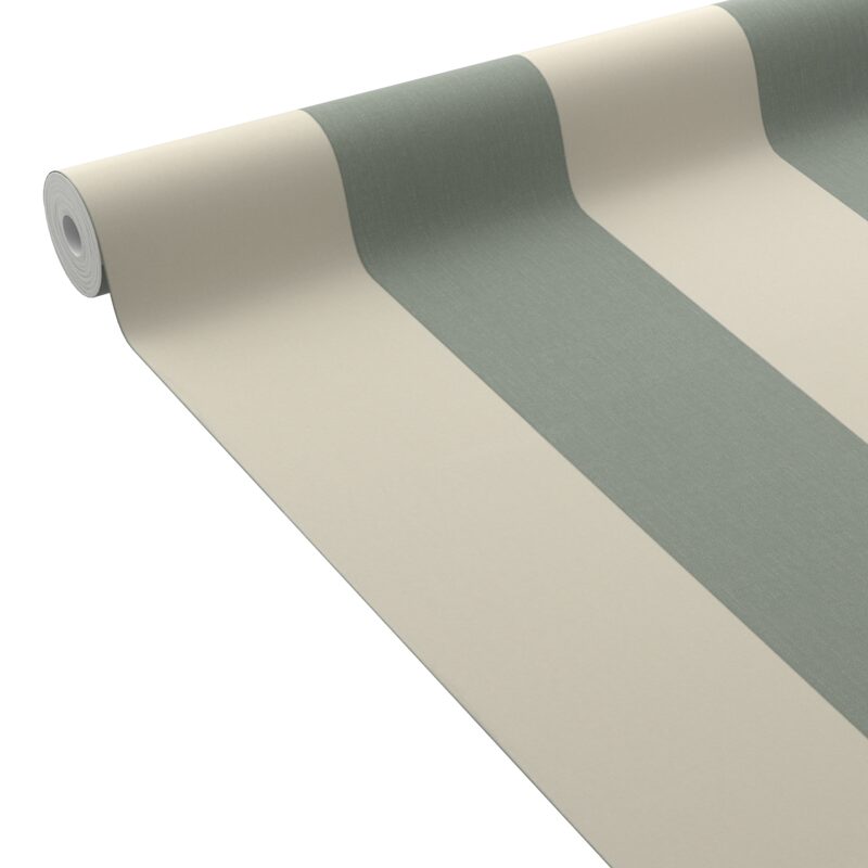 Papier peint vinyle PODIUM STRIPE coloris vert de gris et blanc